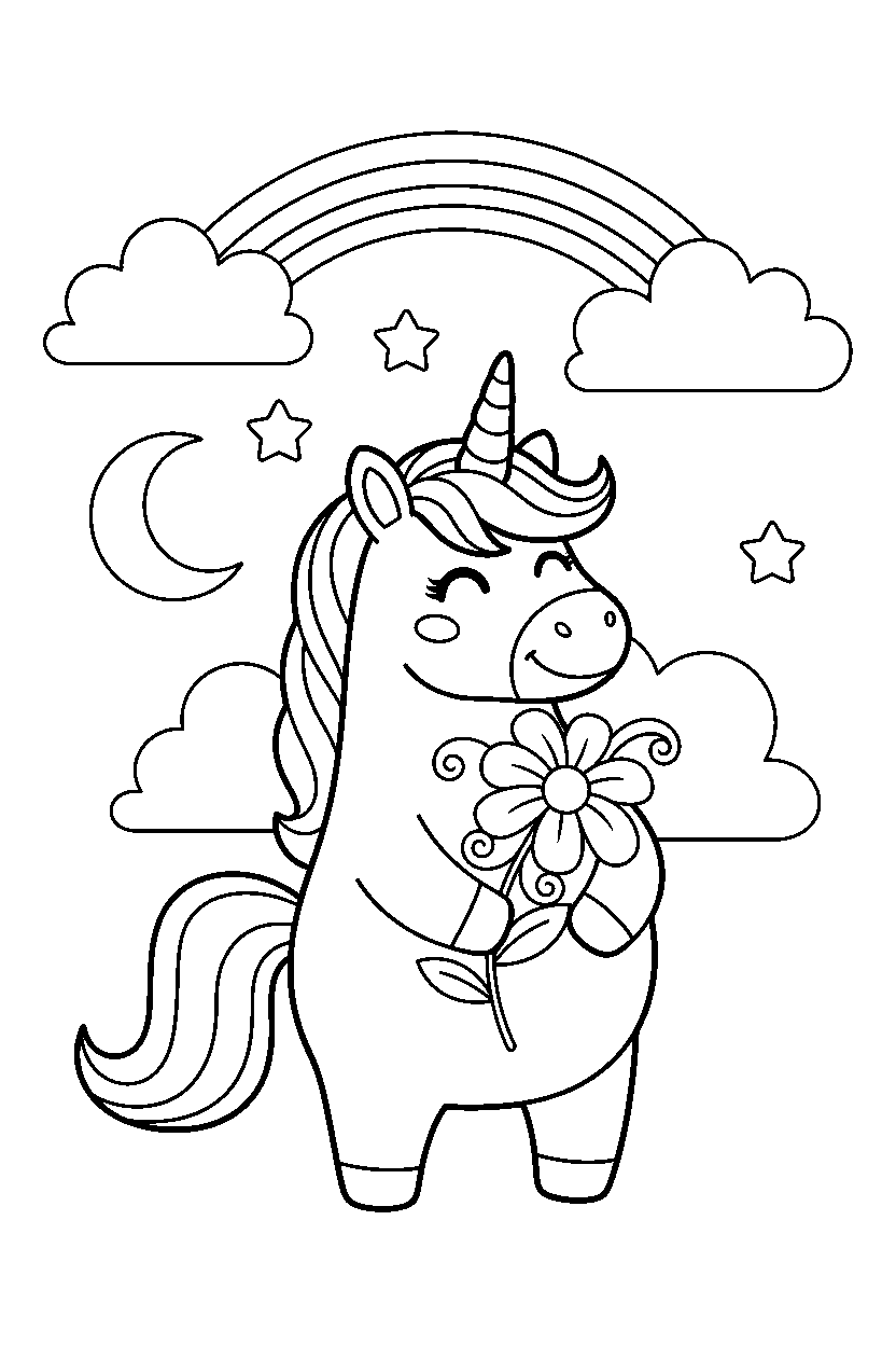 happy unicorn holding a flower in a dream world line art