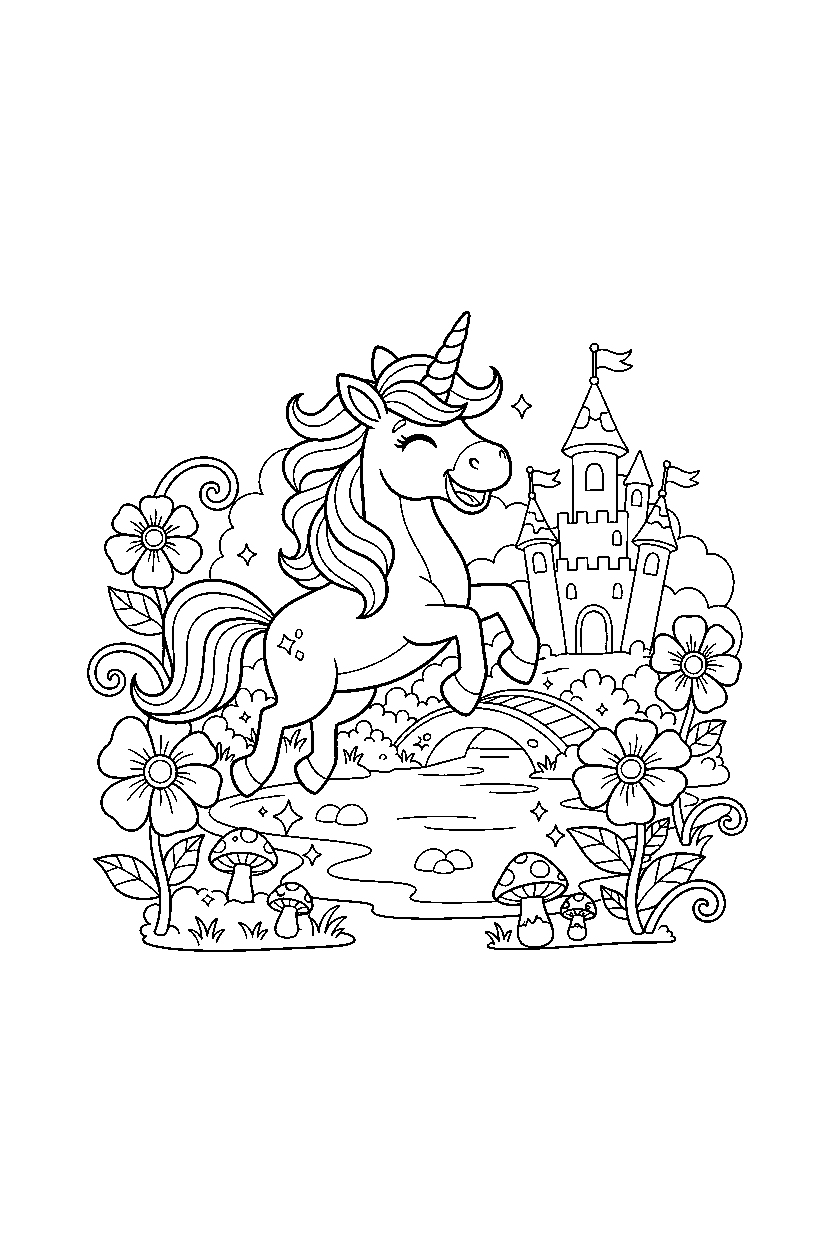 happy unicorn jumping happily in a fairy garden line art