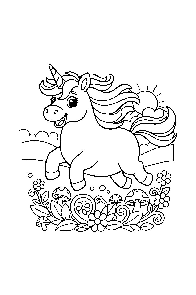 happy unicorn jumping happily in an enchanted meadow line art