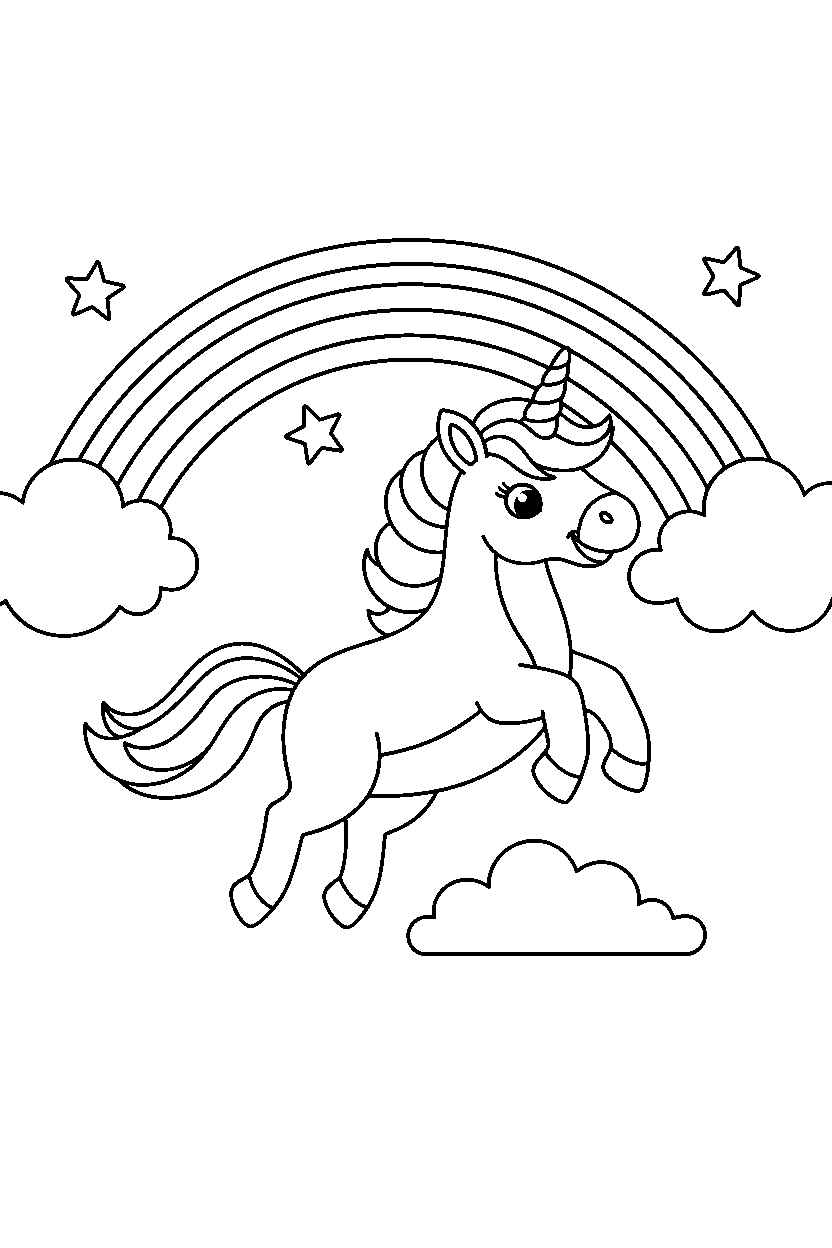 happy unicorn jumping happily under a rainbow sky line art