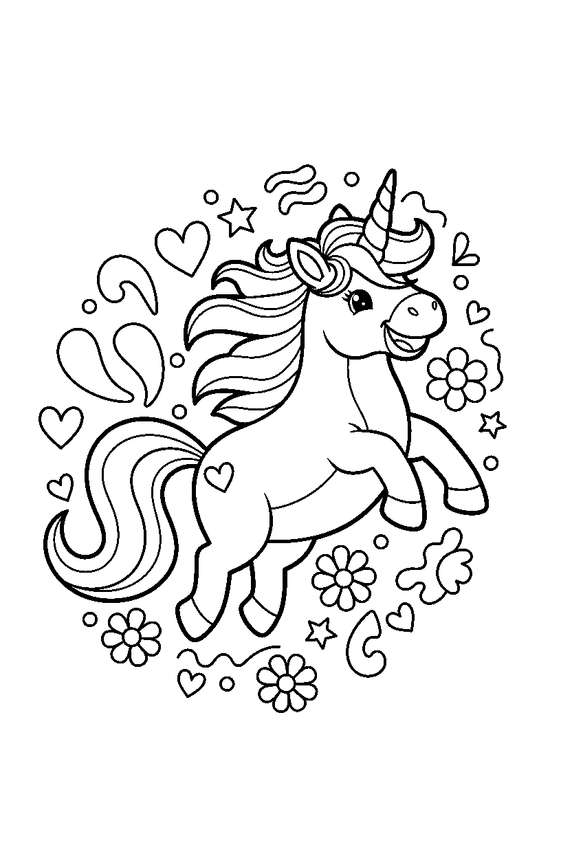 happy unicorn jumping with joy in a colorful world line art