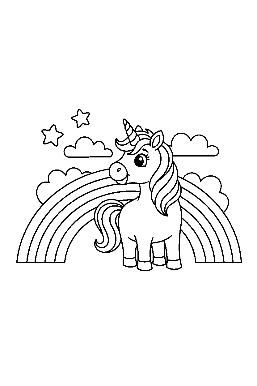 happy unicorn looking around near a rainbow bridge line art