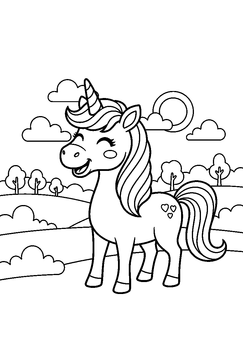 happy unicorn looking happy in a peaceful countryside line art