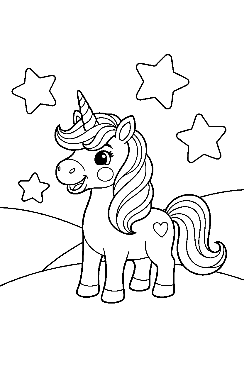 happy unicorn looking happy in a starry valley line art