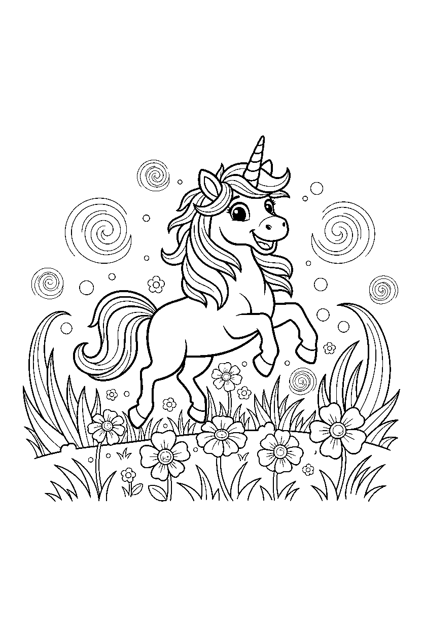 happy unicorn playing happily in a glowing meadow line art