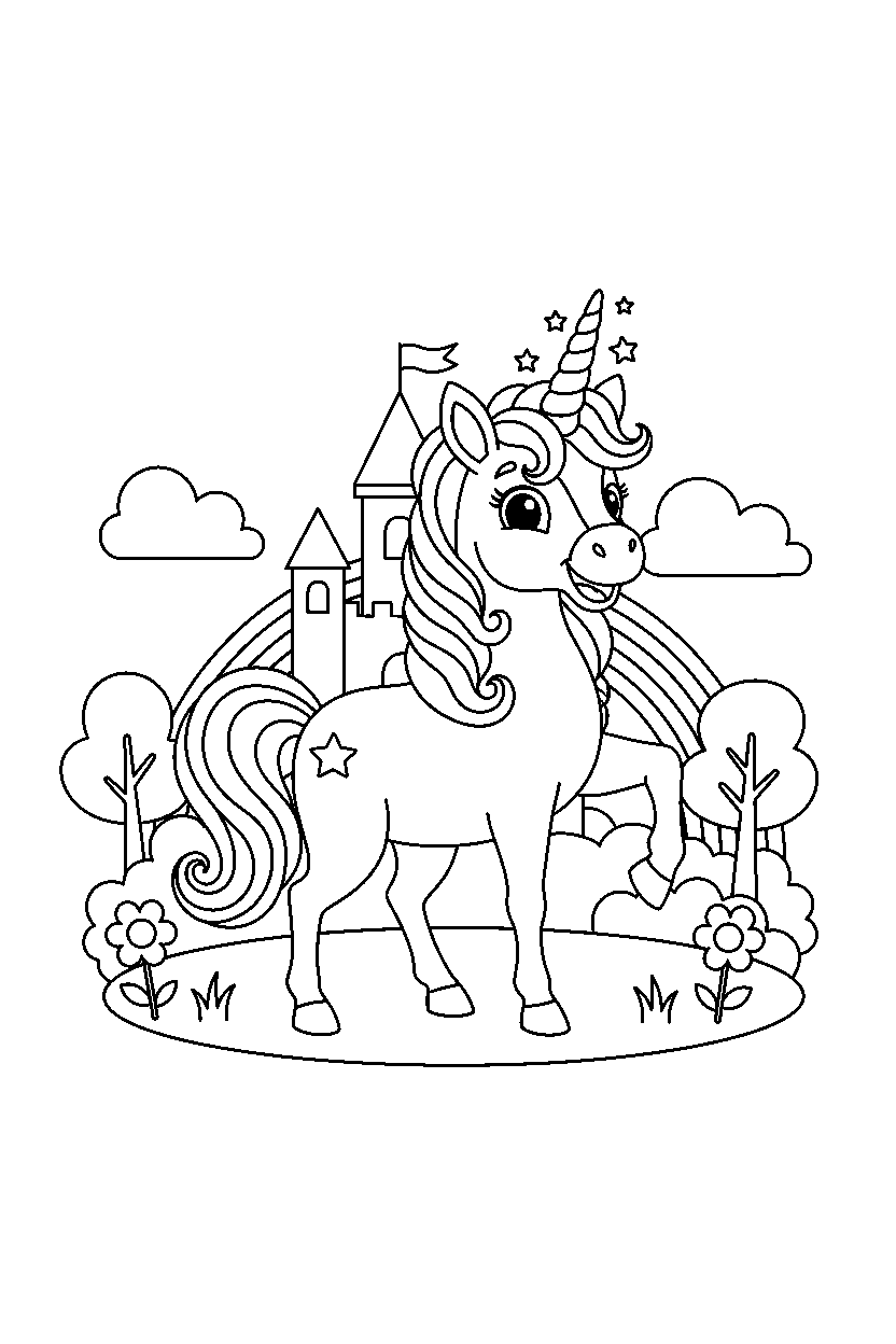 happy unicorn posing proudly in a magic kingdom line art