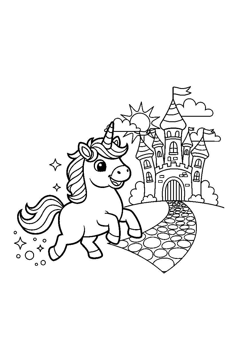 happy unicorn running happily near a magic castle line art