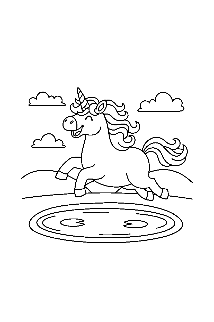 happy unicorn running happily near a peaceful pond line art