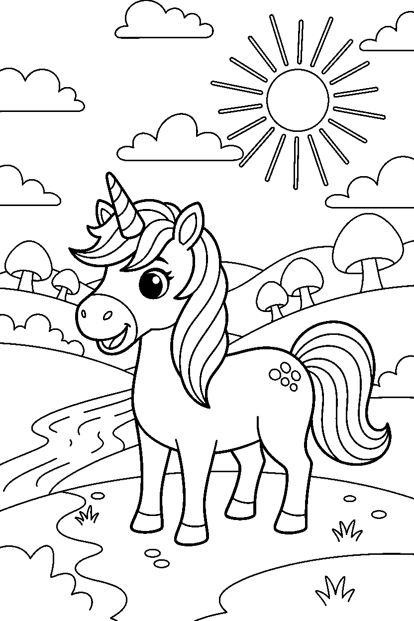 happy unicorn smiling happily in a fairy valley line art