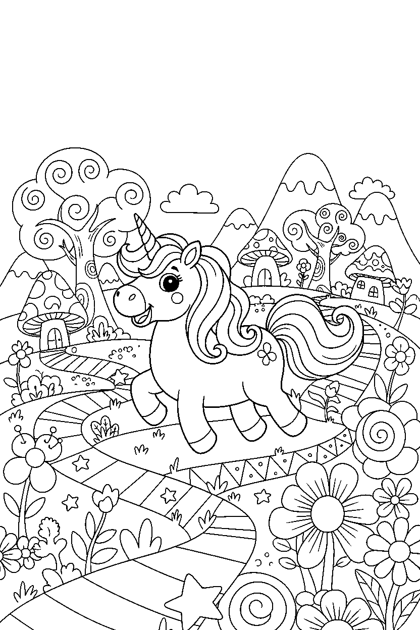 happy unicorn walking happily in a colorful world line art