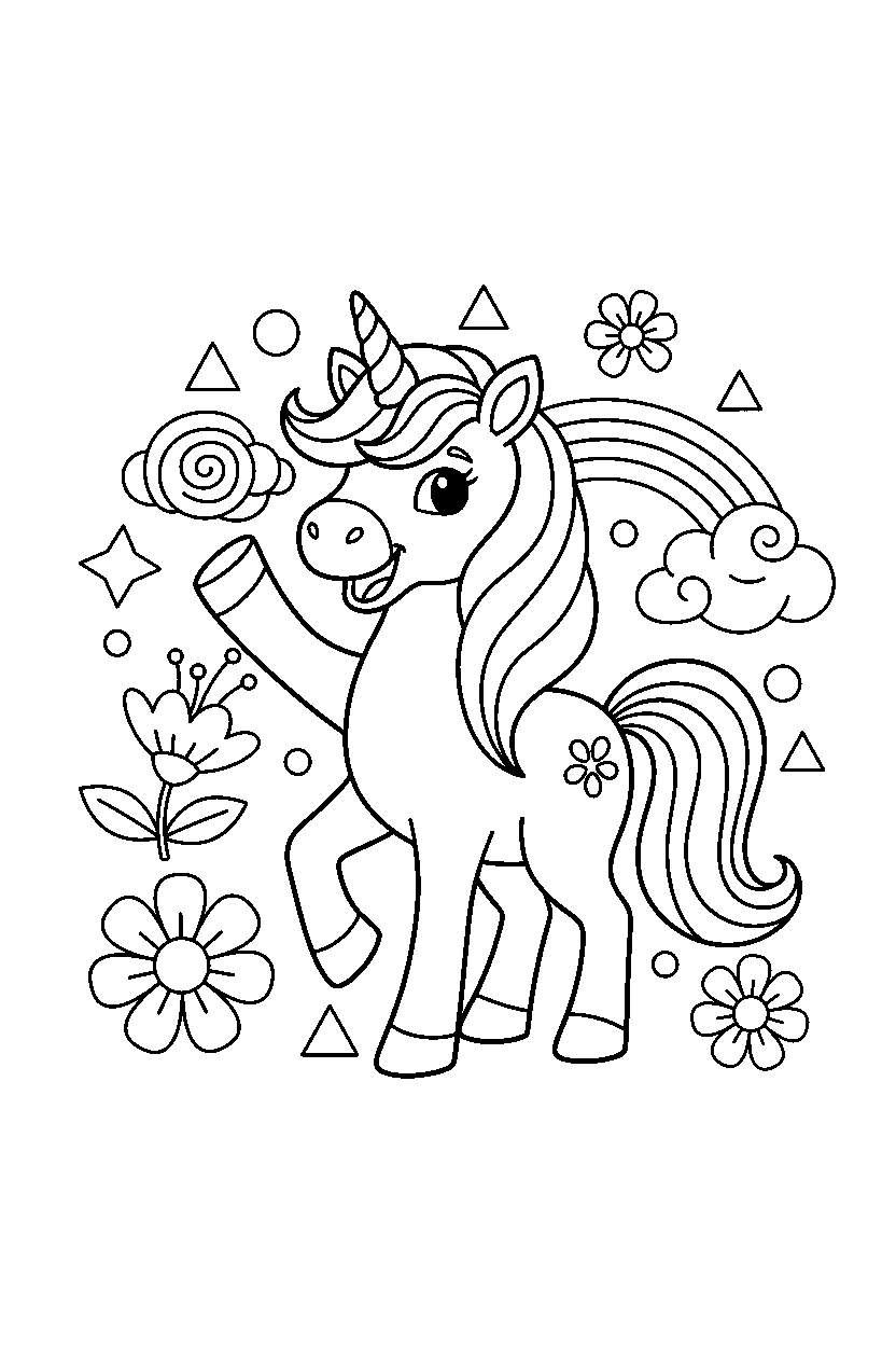 happy unicorn waving happily in a colorful world line art