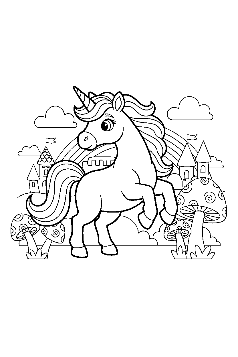 jumping unicorn looking around in a magic kingdom line art