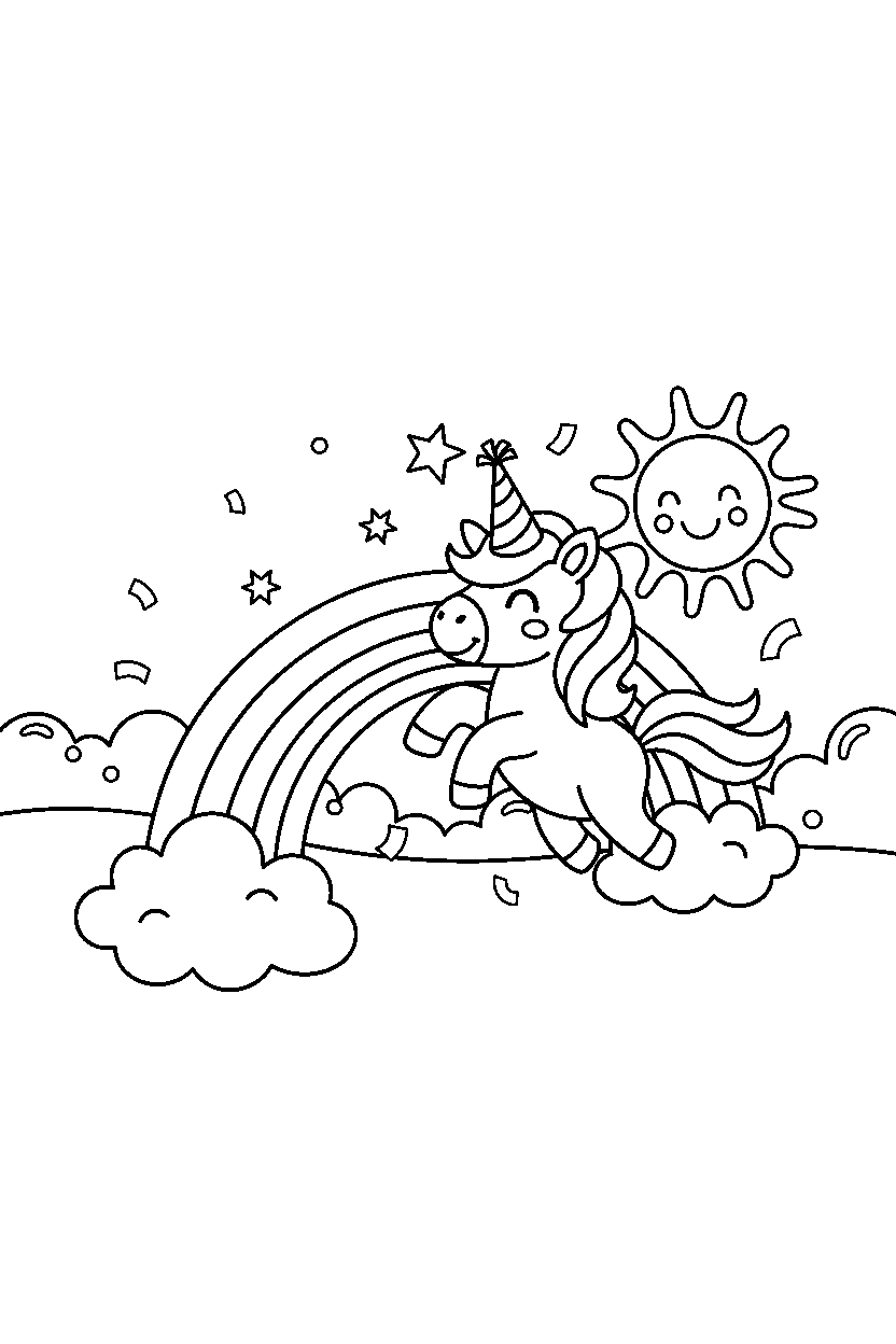 little unicorn celebrating happily near a rainbow bridge line art