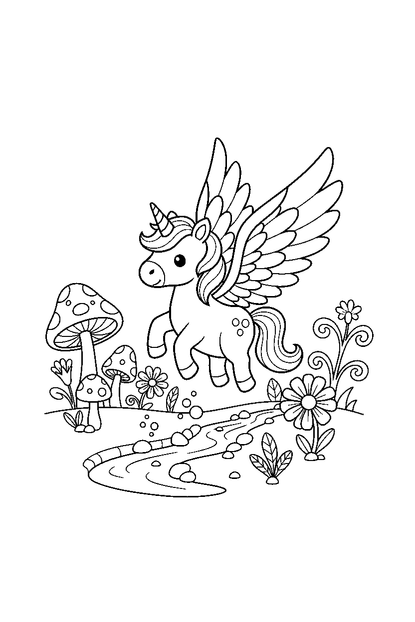 little unicorn getting ready to fly in a fairy garden line art