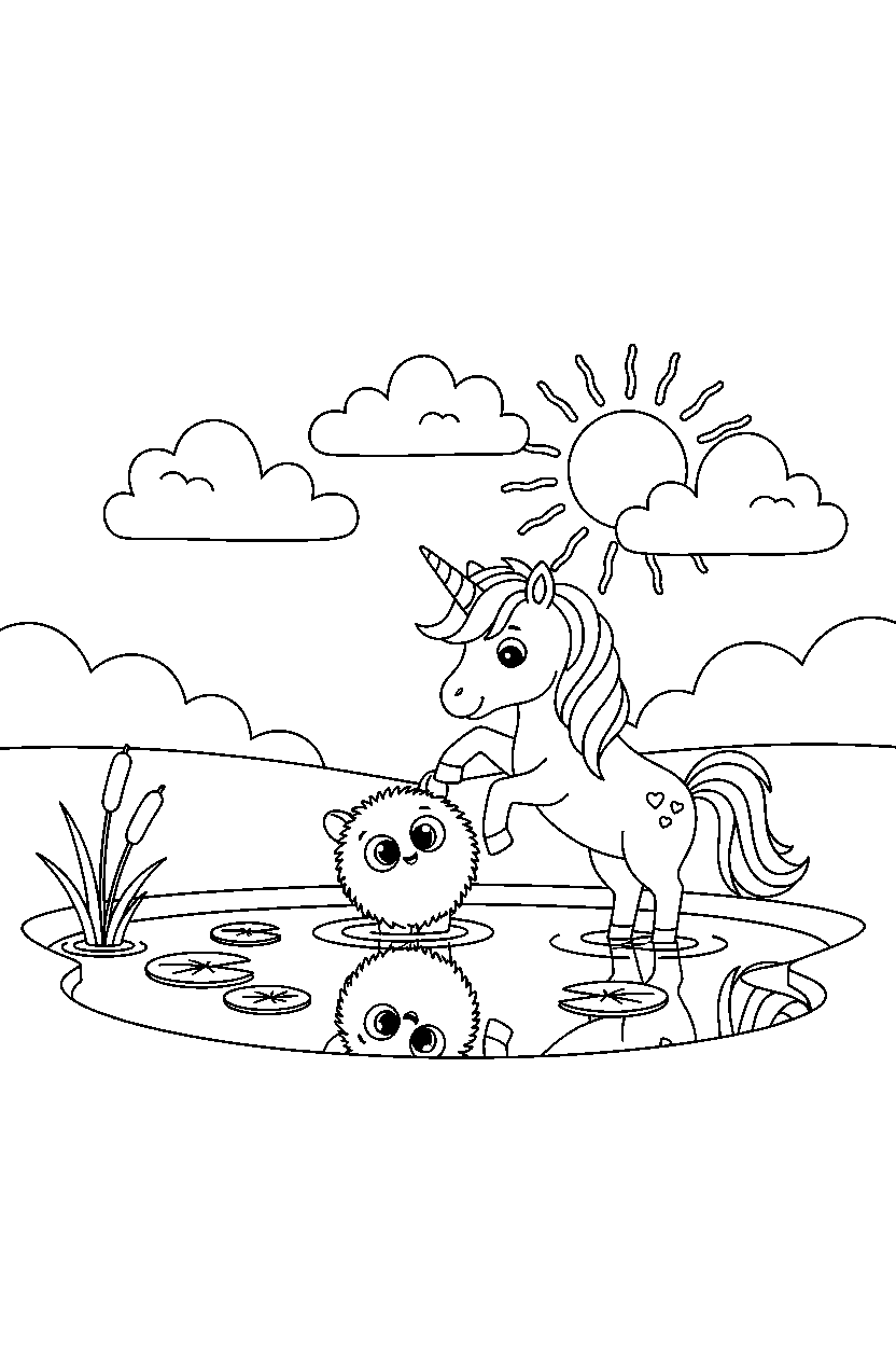 little unicorn helping a friend near a peaceful pond line art
