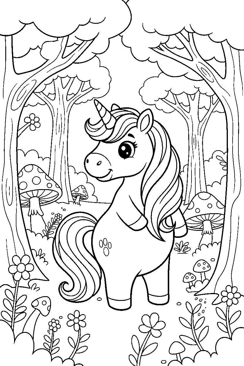little unicorn looking around in a magical forest line art