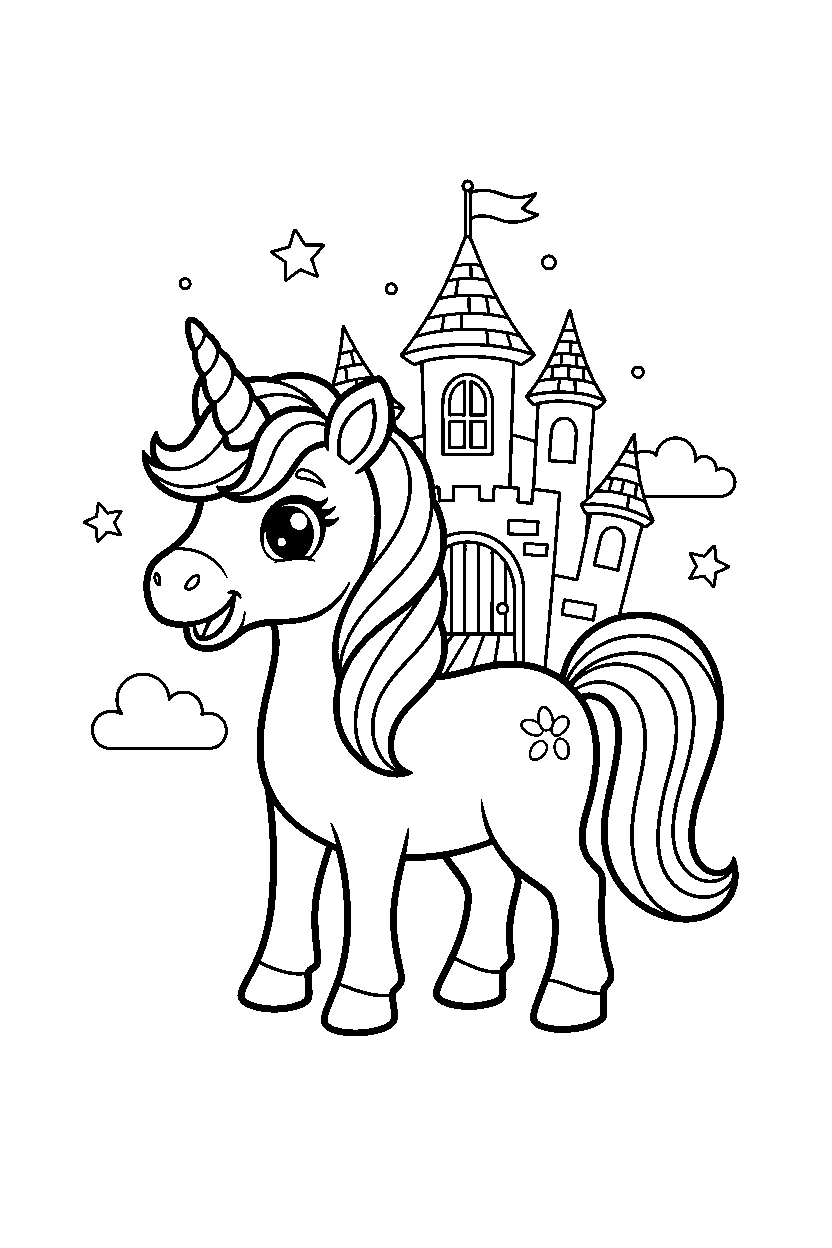 little unicorn looking excited near a magic castle line art