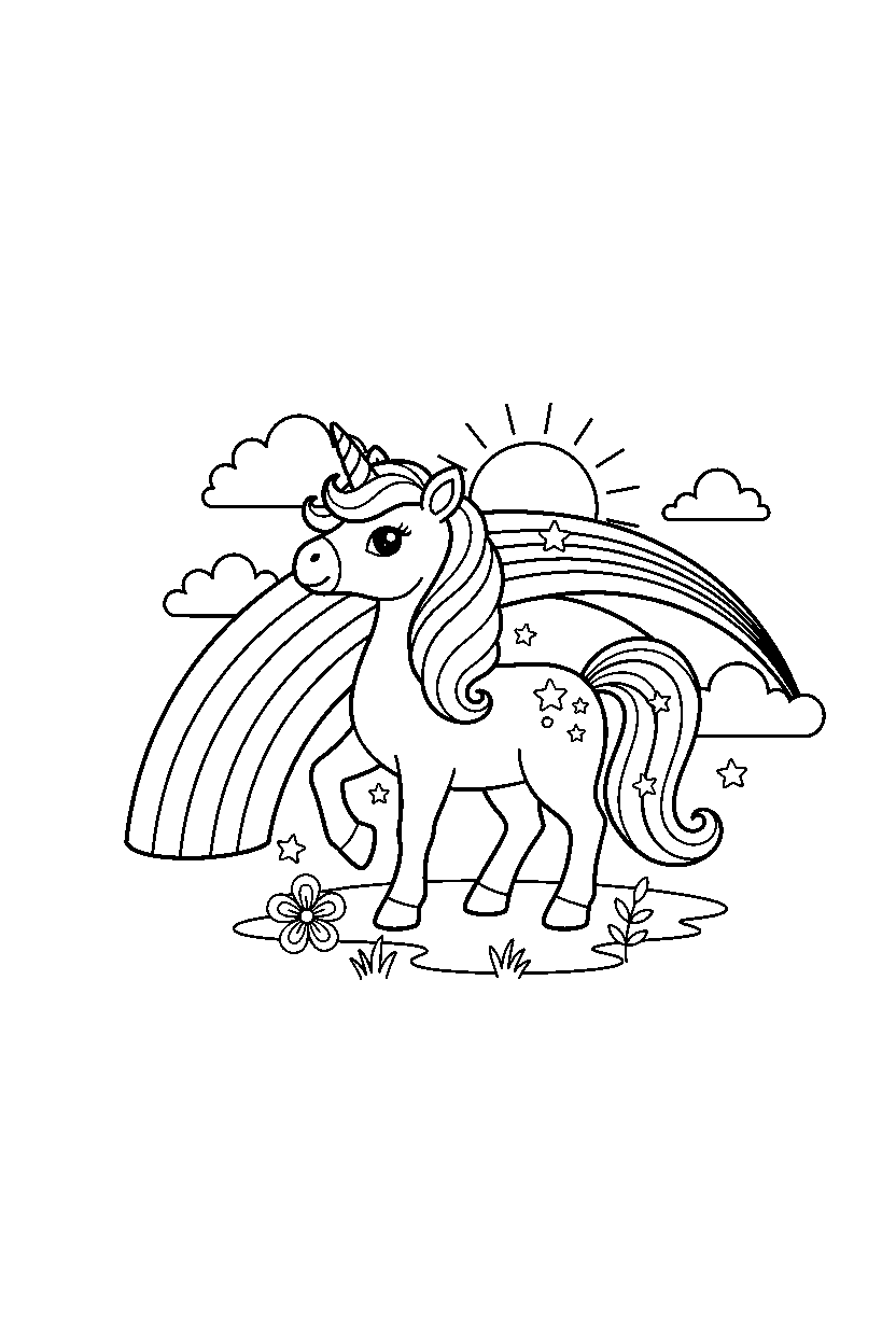 little unicorn posing proudly near a rainbow bridge line art
