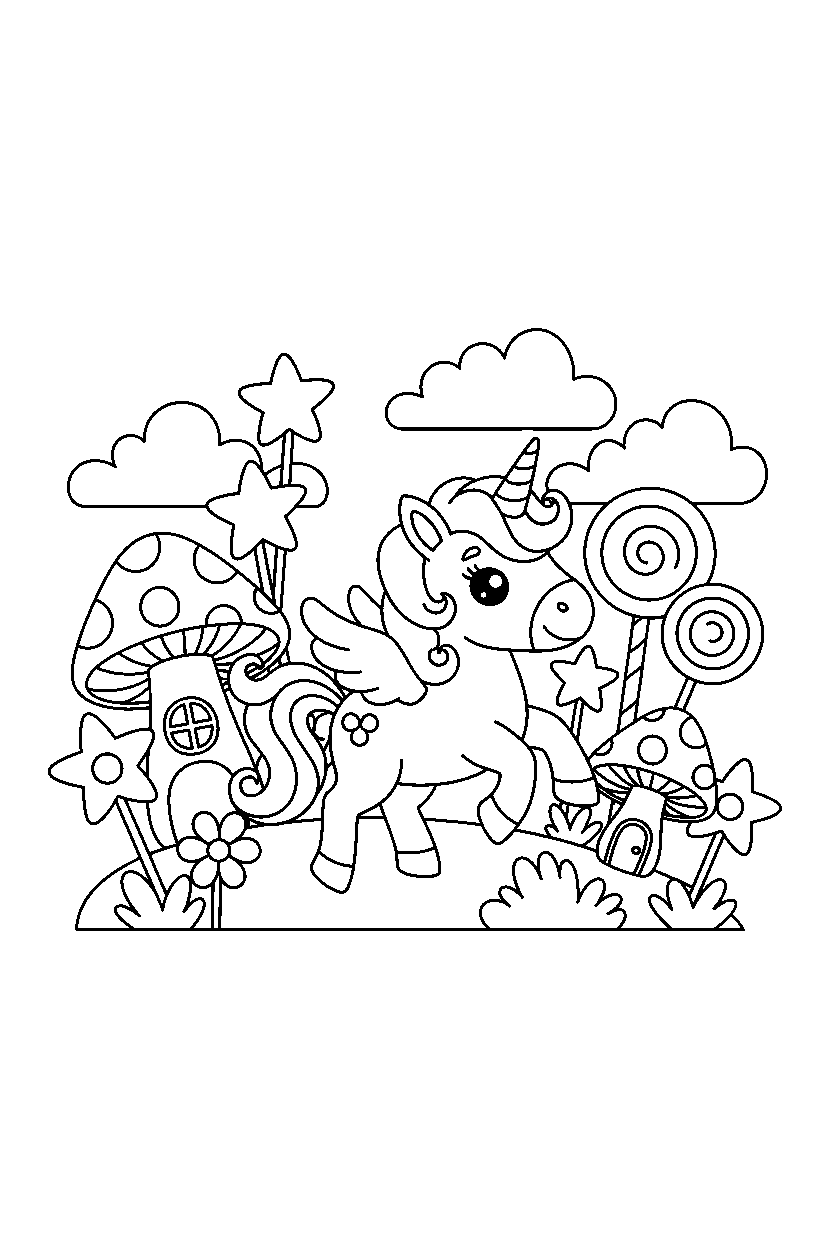 little unicorn prancing happily in a colorful world line art