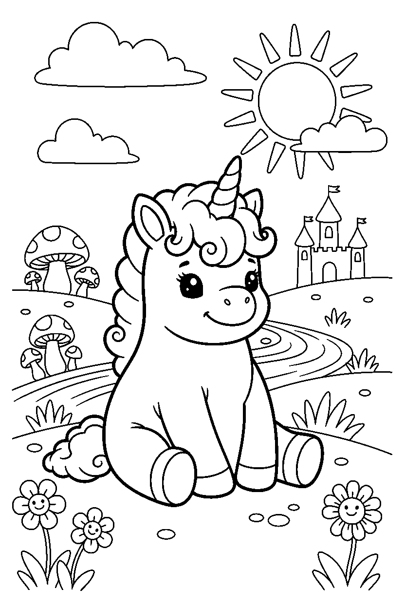 little unicorn sitting peacefully in a fairy valley line art