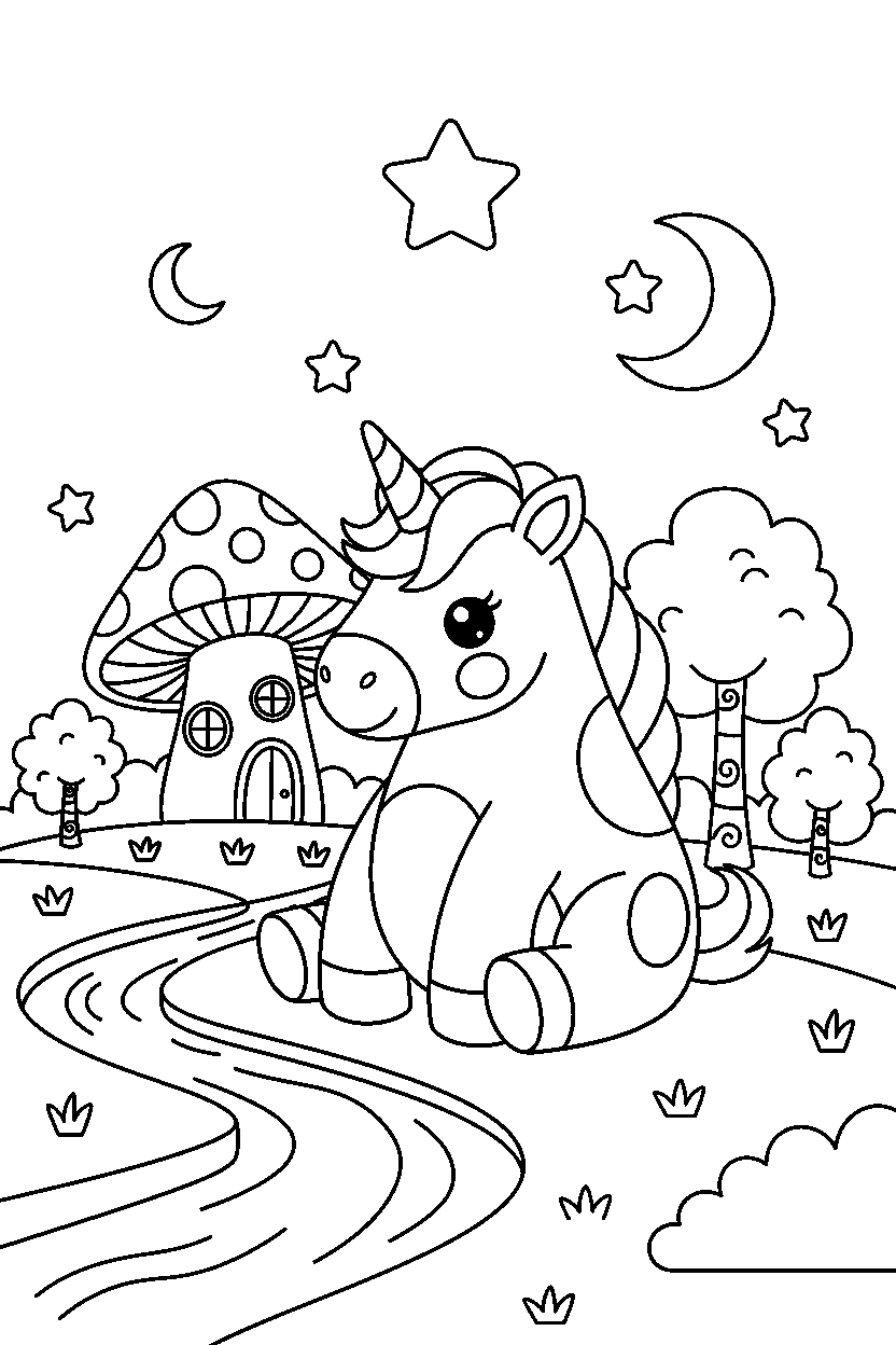 little unicorn sitting peacefully in a fantasy land line art