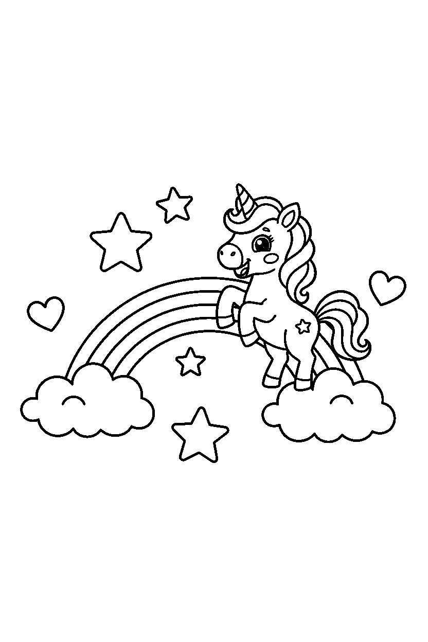 little unicorn smiling happily near a rainbow bridge line art