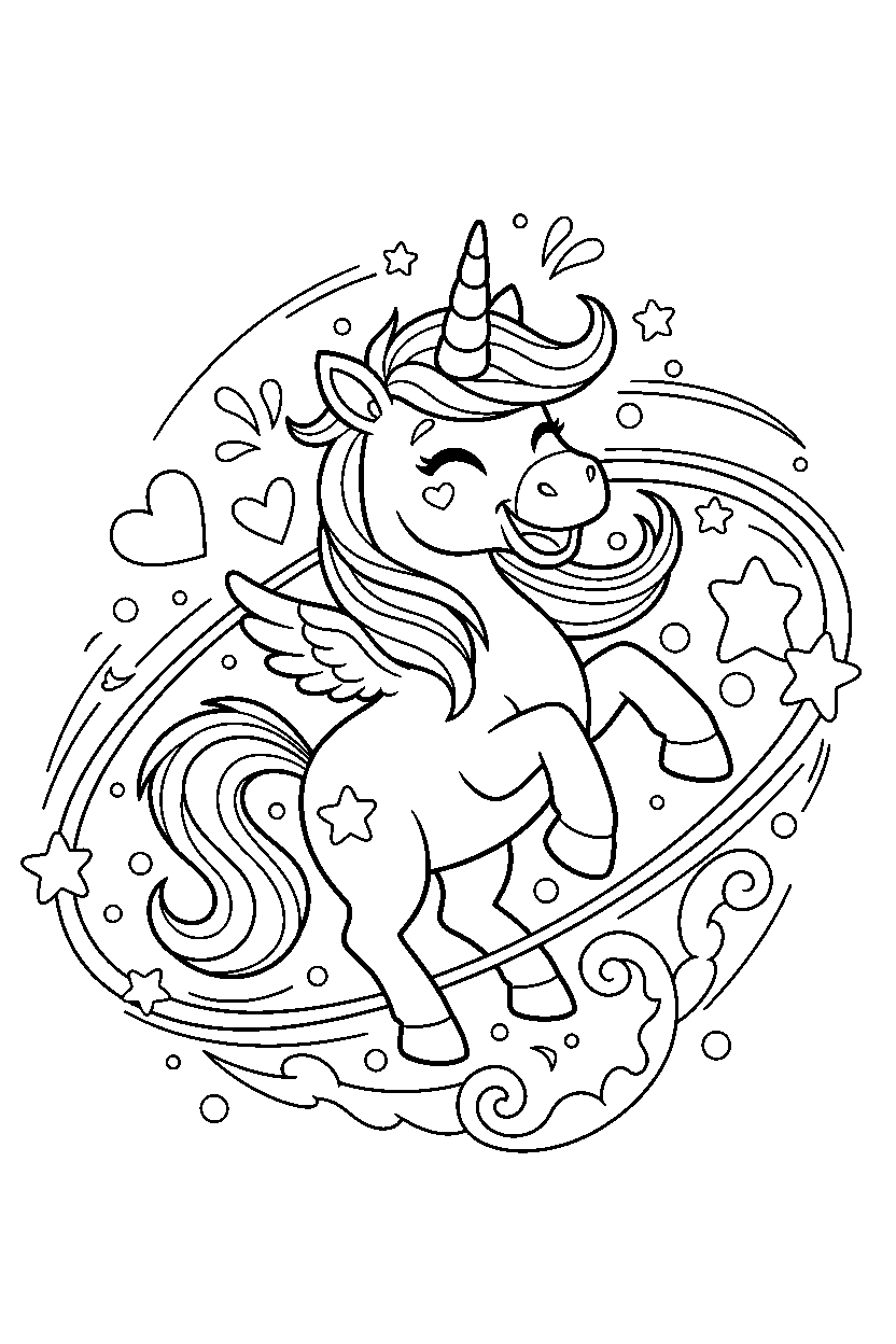 little unicorn spinning happily in a colorful world line art