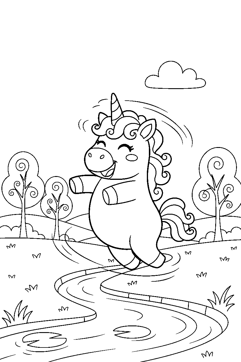 little unicorn spinning happily in a peaceful countryside line art