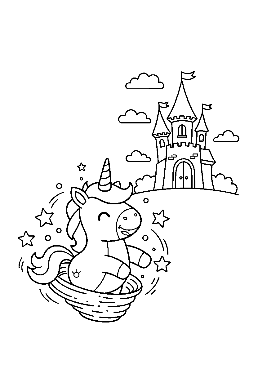 little unicorn spinning happily near a magic castle line art