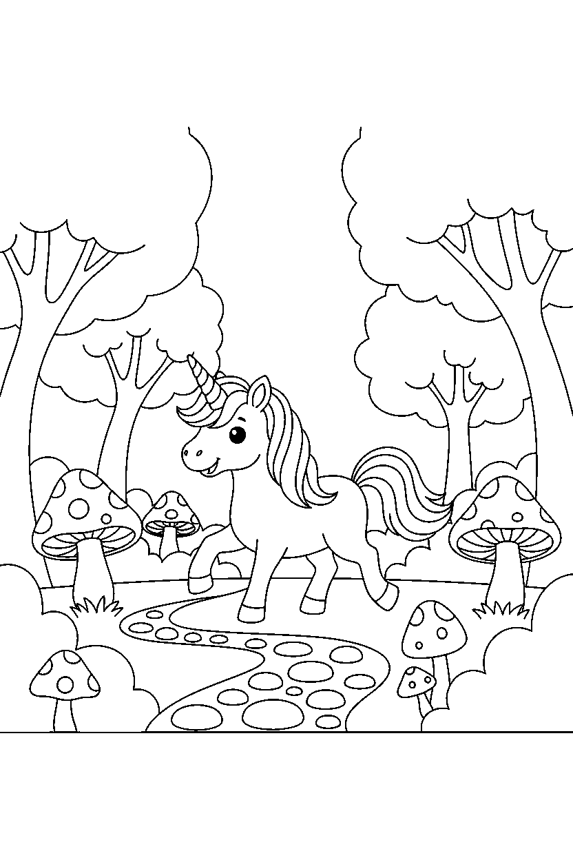 little unicorn trotting happily in a hidden forest line art