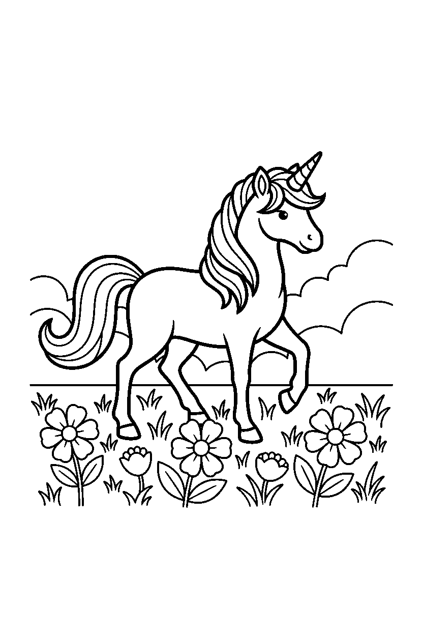 little unicorn walking proudly in a flower field line art