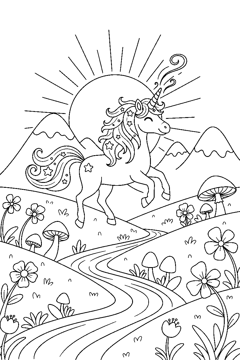 magic unicorn exploring happily in a glowing valley line art