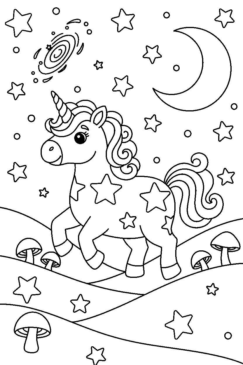 magic unicorn exploring happily in a starry valley line art