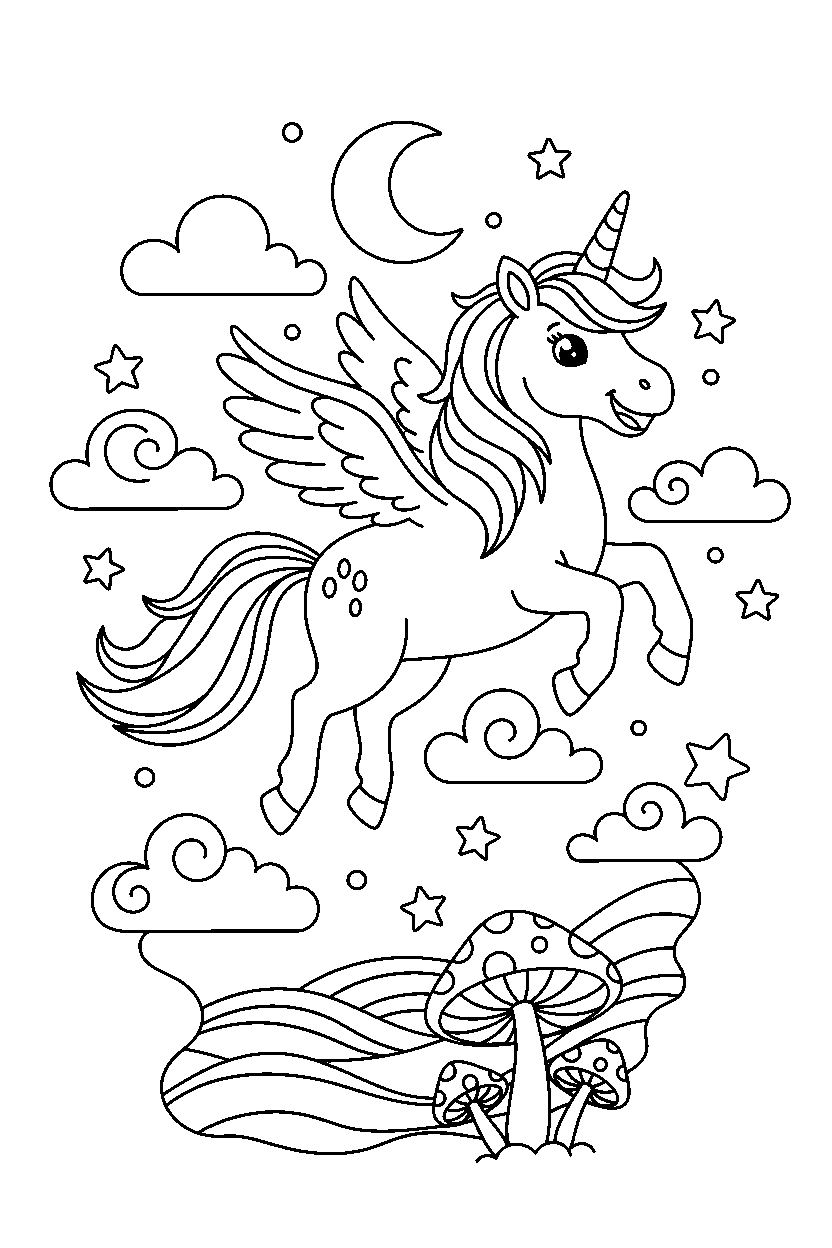 magic unicorn flying happily in a dream world line art