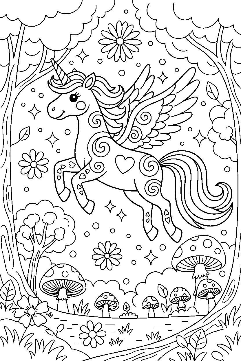 magic unicorn flying happily in a hidden forest line art