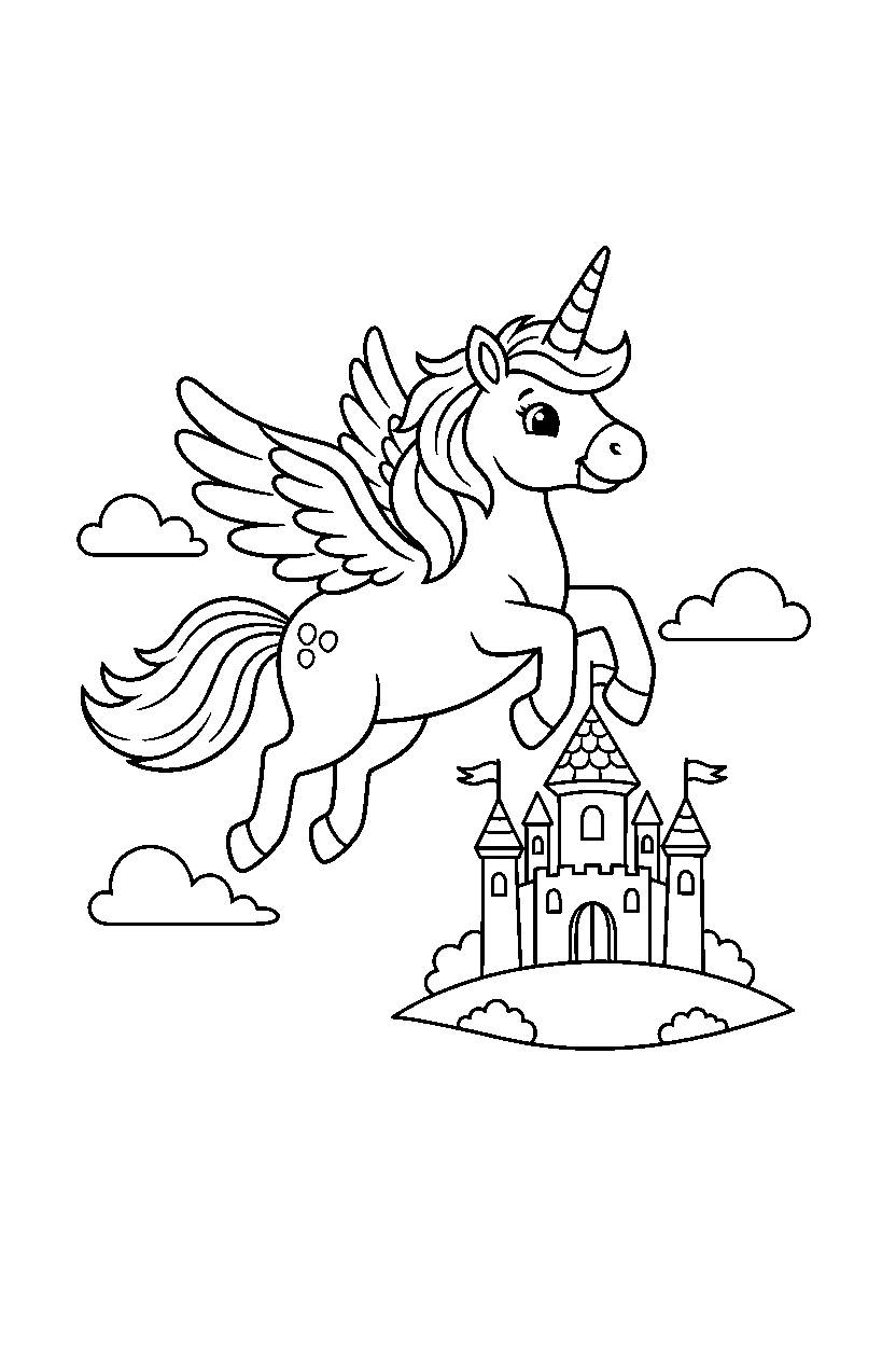magic unicorn flying happily near a castle line art