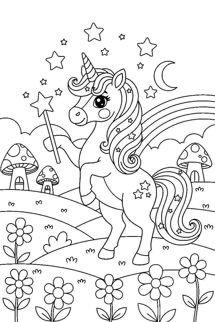 magic unicorn holding a magic wand in a fairy valley line art