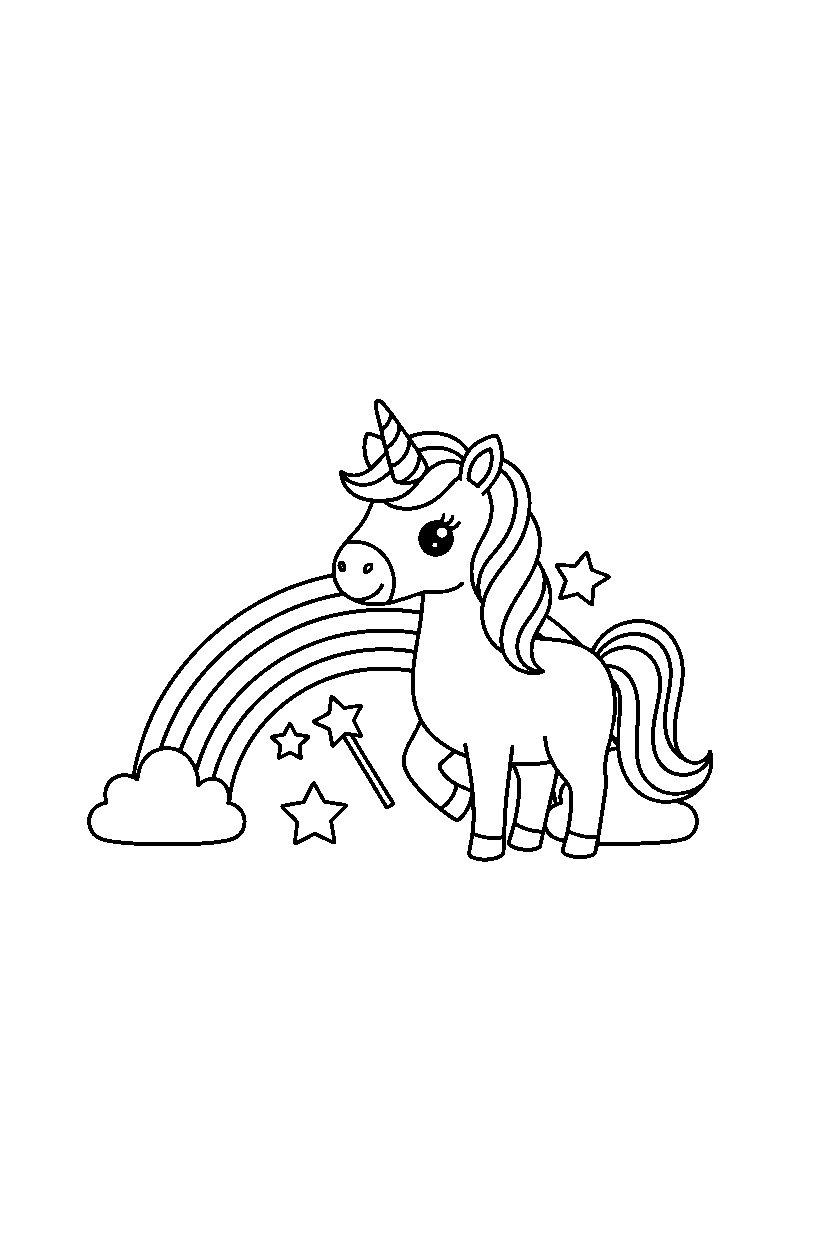 magic unicorn holding a magic wand near a rainbow bridge line art