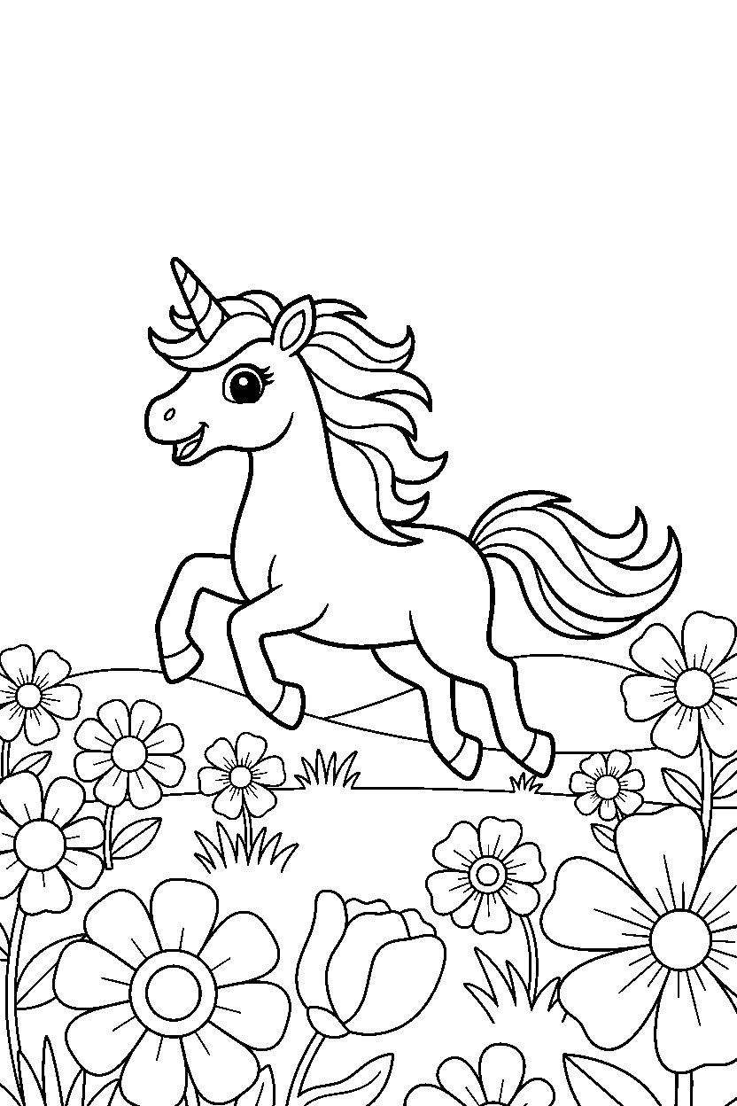 magic unicorn jumping happily in a flower field line art