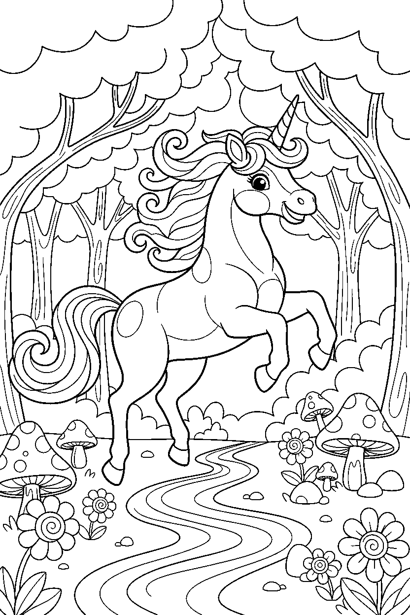 magic unicorn jumping happily in a hidden forest line art