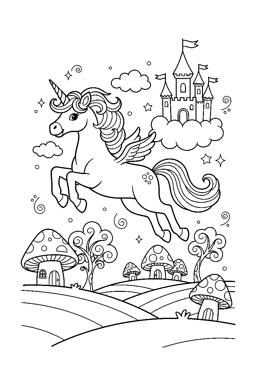 magic unicorn jumping happily in a magic kingdom line art