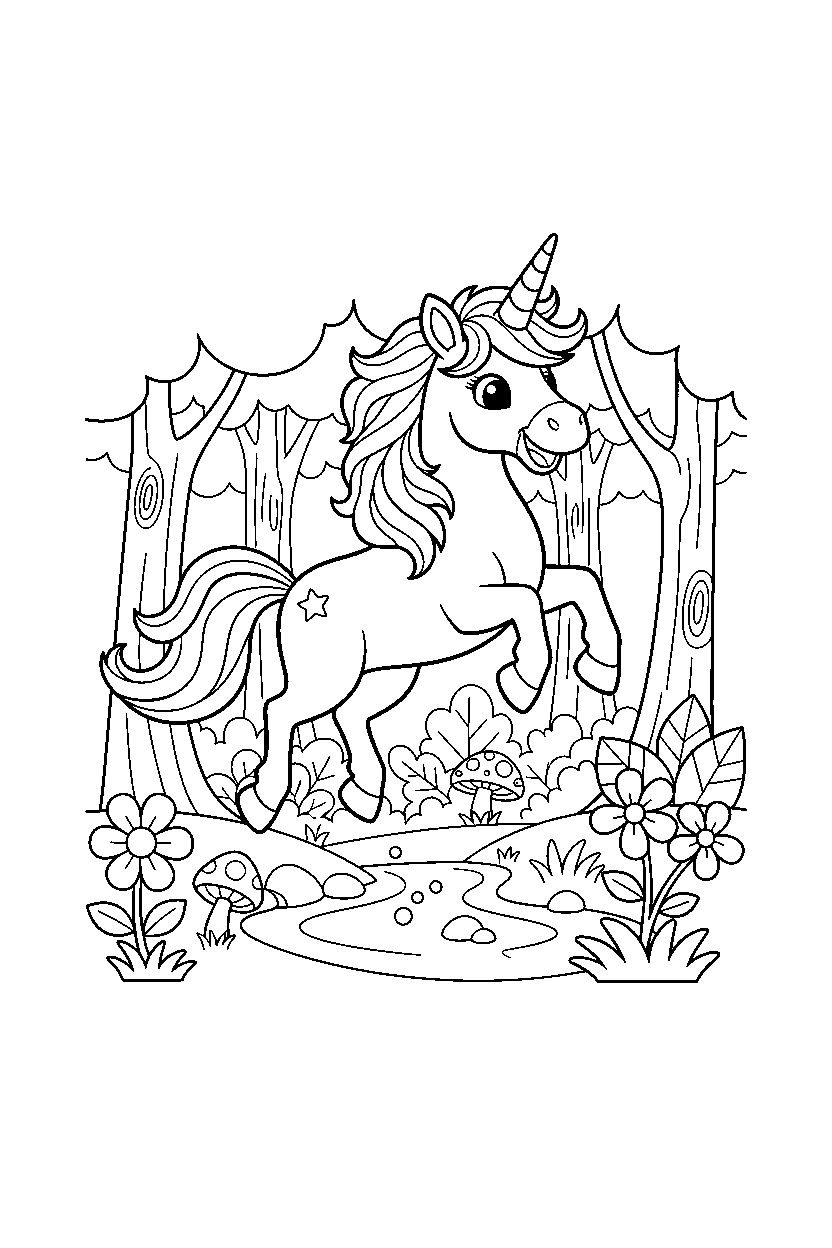 magic unicorn jumping with joy in a hidden forest line art