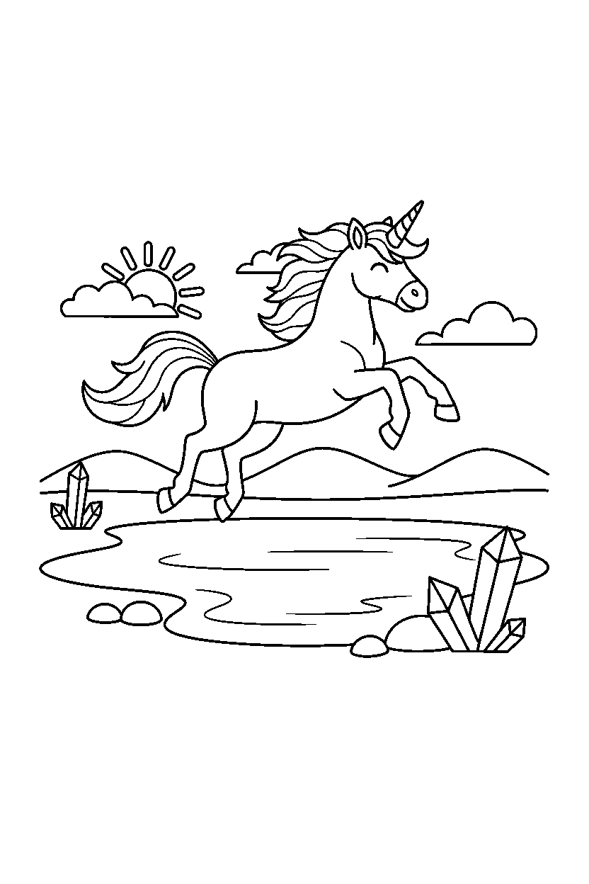 magic unicorn jumping with joy near a crystal lake line art