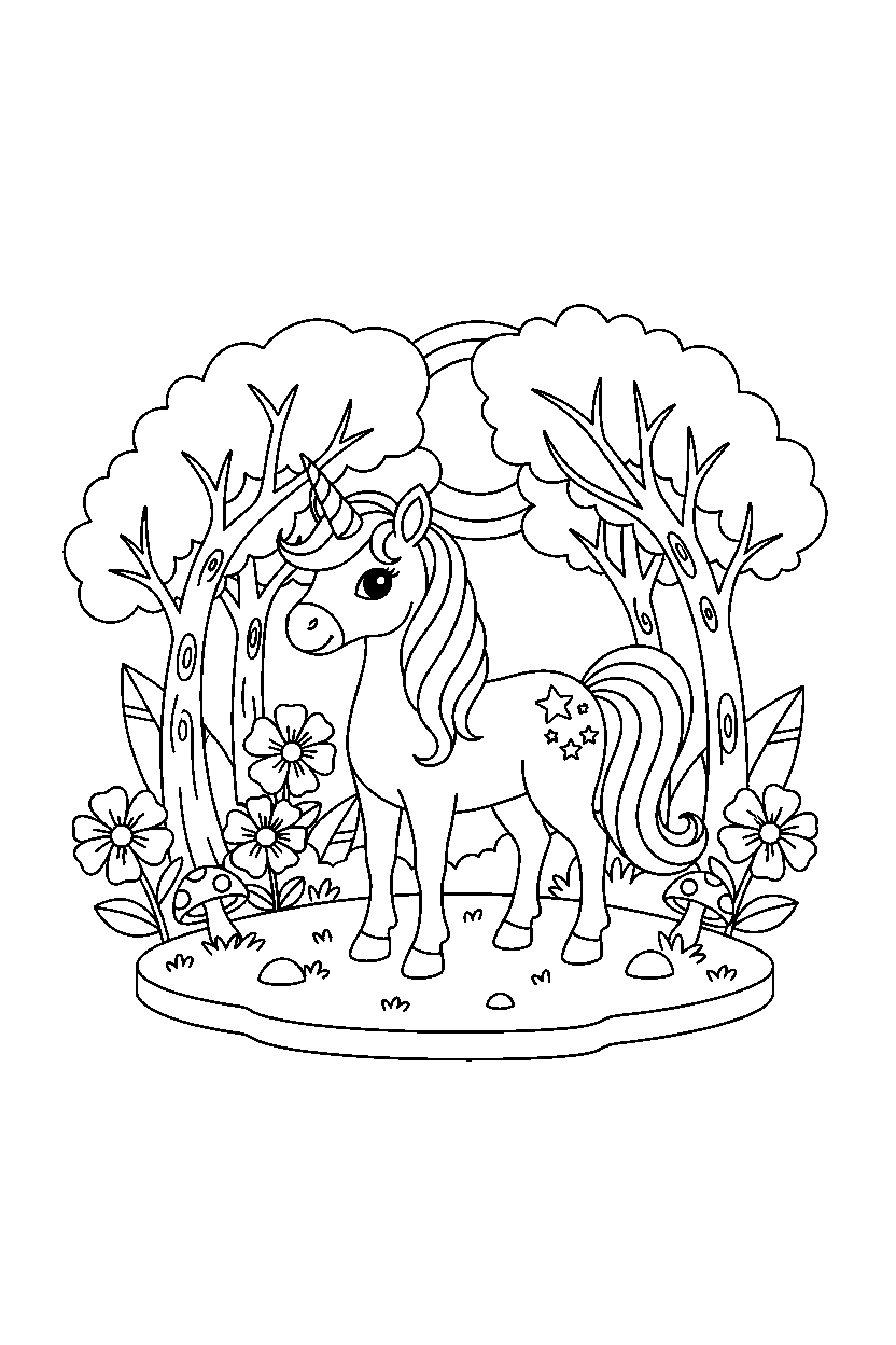 magic unicorn posing proudly in a hidden forest line art
