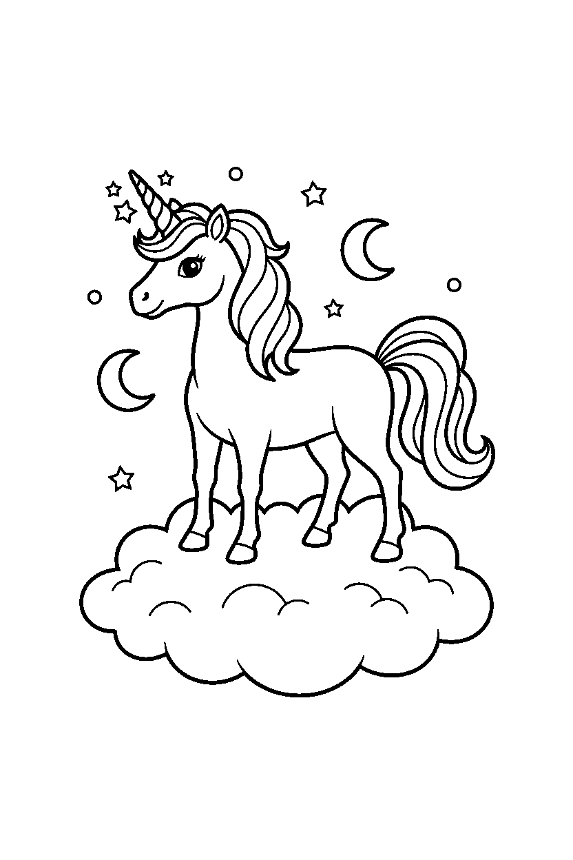 magic unicorn posing proudly on a cloud land line art