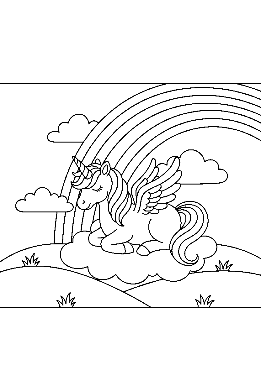 magic unicorn resting peacefully near a rainbow line art