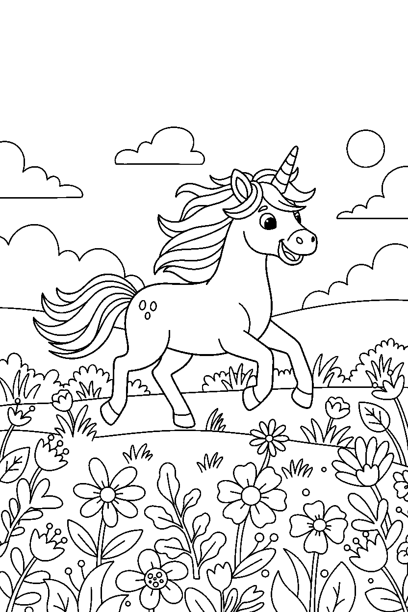 magic unicorn running happily in a flower field line art