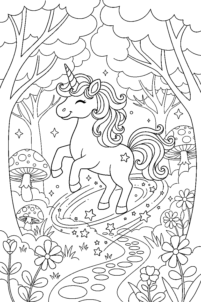 magic unicorn spinning happily in a hidden forest line art