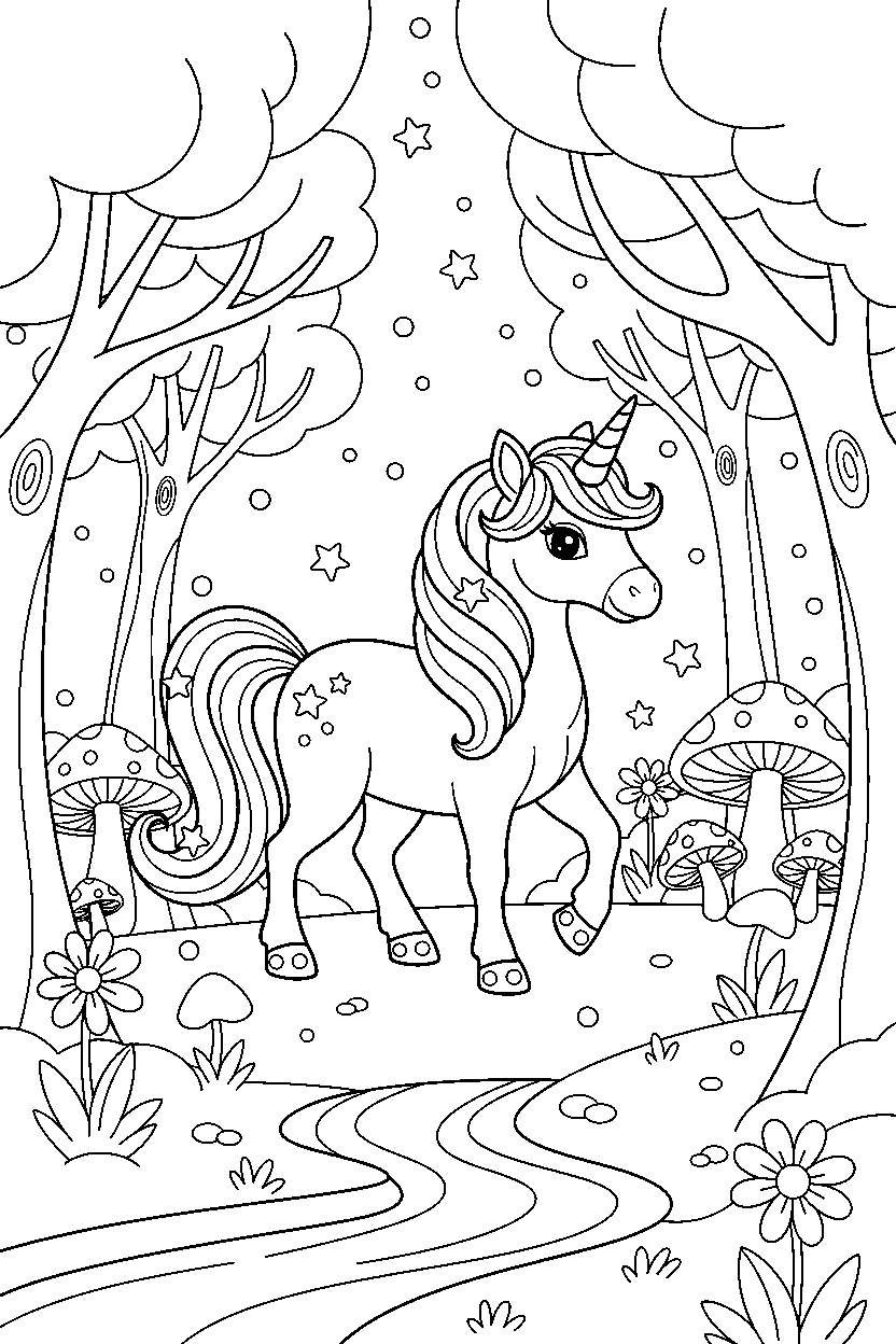magic unicorn walking gently in a magical forest line art