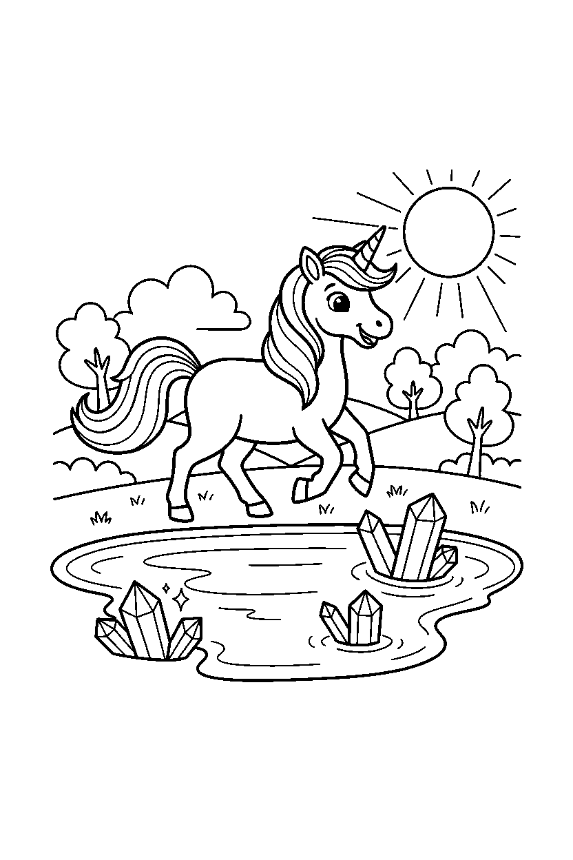 magic unicorn walking happily near a crystal lake line art